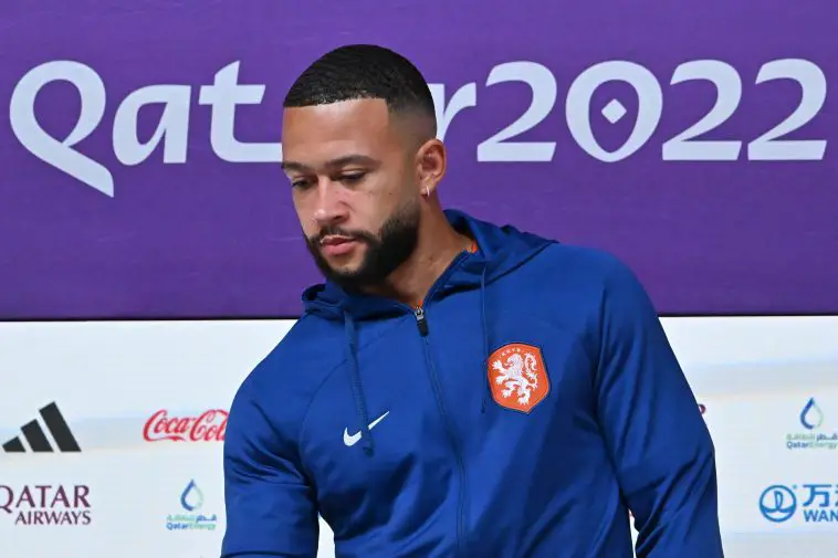 Netherlands' forward Memphis Depay arrives to attend a press conference at the Qatar National Convention Center (QNCC) in Doha on December 8, 2022, on the eve of the Qatar 2022 World Cup quarter final football match between Argentina and Netherlands