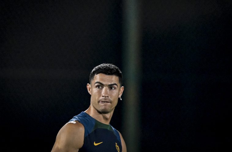 Portugal's forward Cristiano Ronaldo takes part in a training session at the Al Shahaniya SC training site in Doha on December 8, 2022, in the build-up to the Qatar 2022 World Cup quarter final football match between Portugal and Morocco