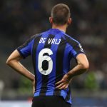 The back of Stefan De Vrij of FC Internazionale is shown during the UEFA Champions League group C match between FC Internazionale and FC Barcelona at San Siro Stadium on October 04, 2022 in Milan, Italy