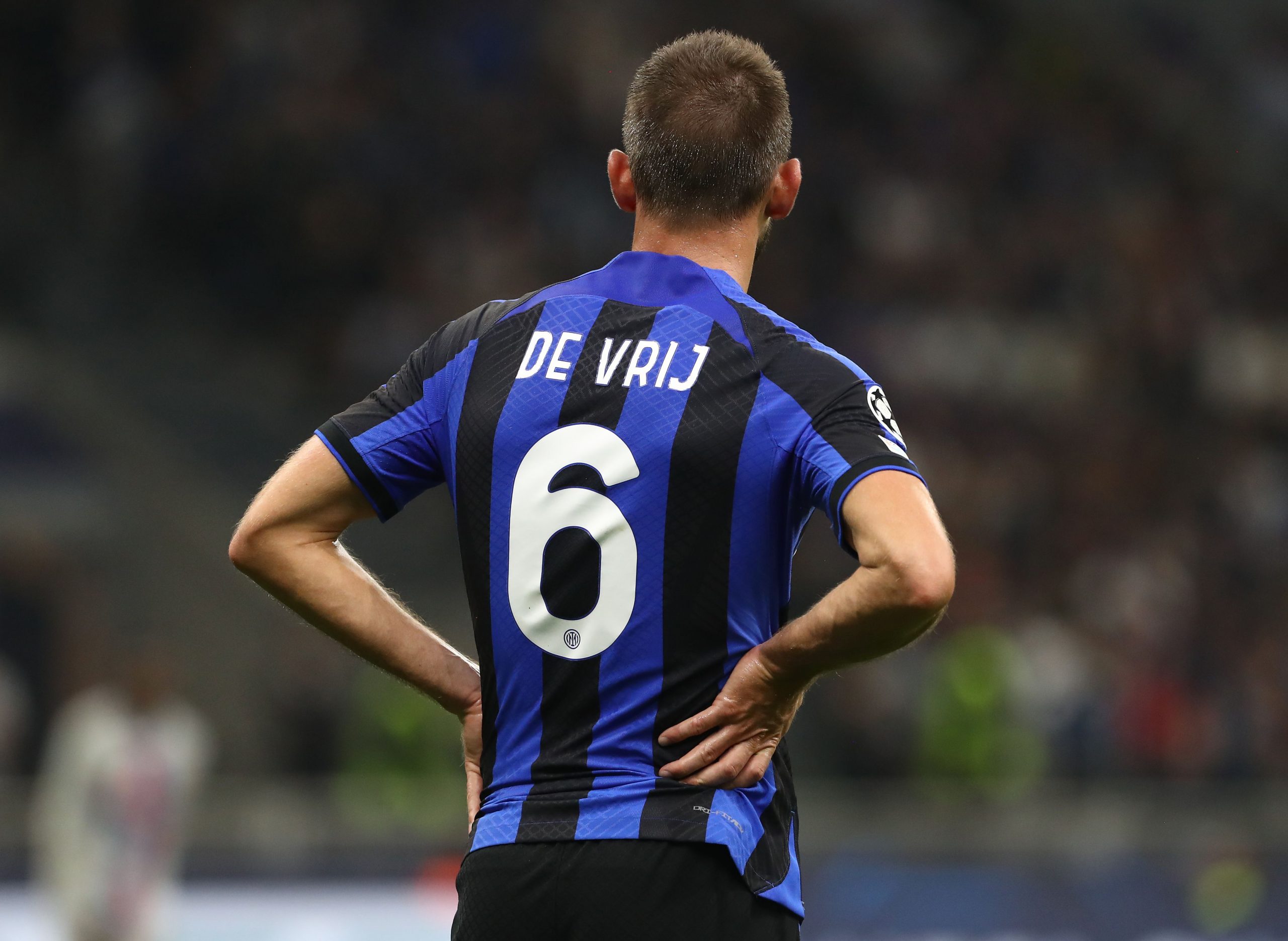 The back of Stefan De Vrij of FC Internazionale is shown during the UEFA Champions League group C match between FC Internazionale and FC Barcelona at San Siro Stadium on October 04, 2022 in Milan, Italy