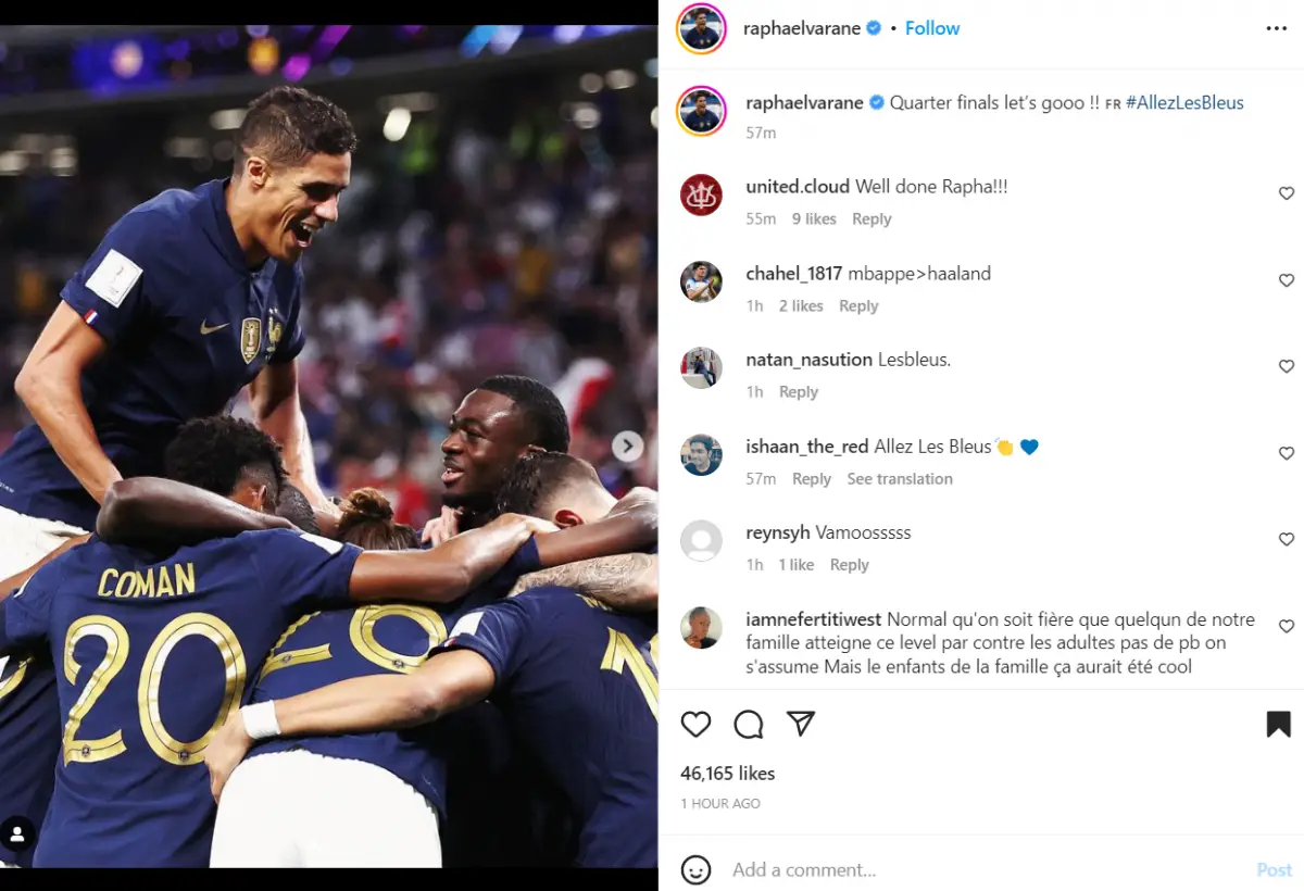 Manchester United's Raphael Varane sends message after France qualify for World Cup QF