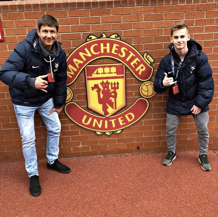 A young Sergey Pinyaev at Manchester United's Old Trafford in 2020. (Image: Twitter)