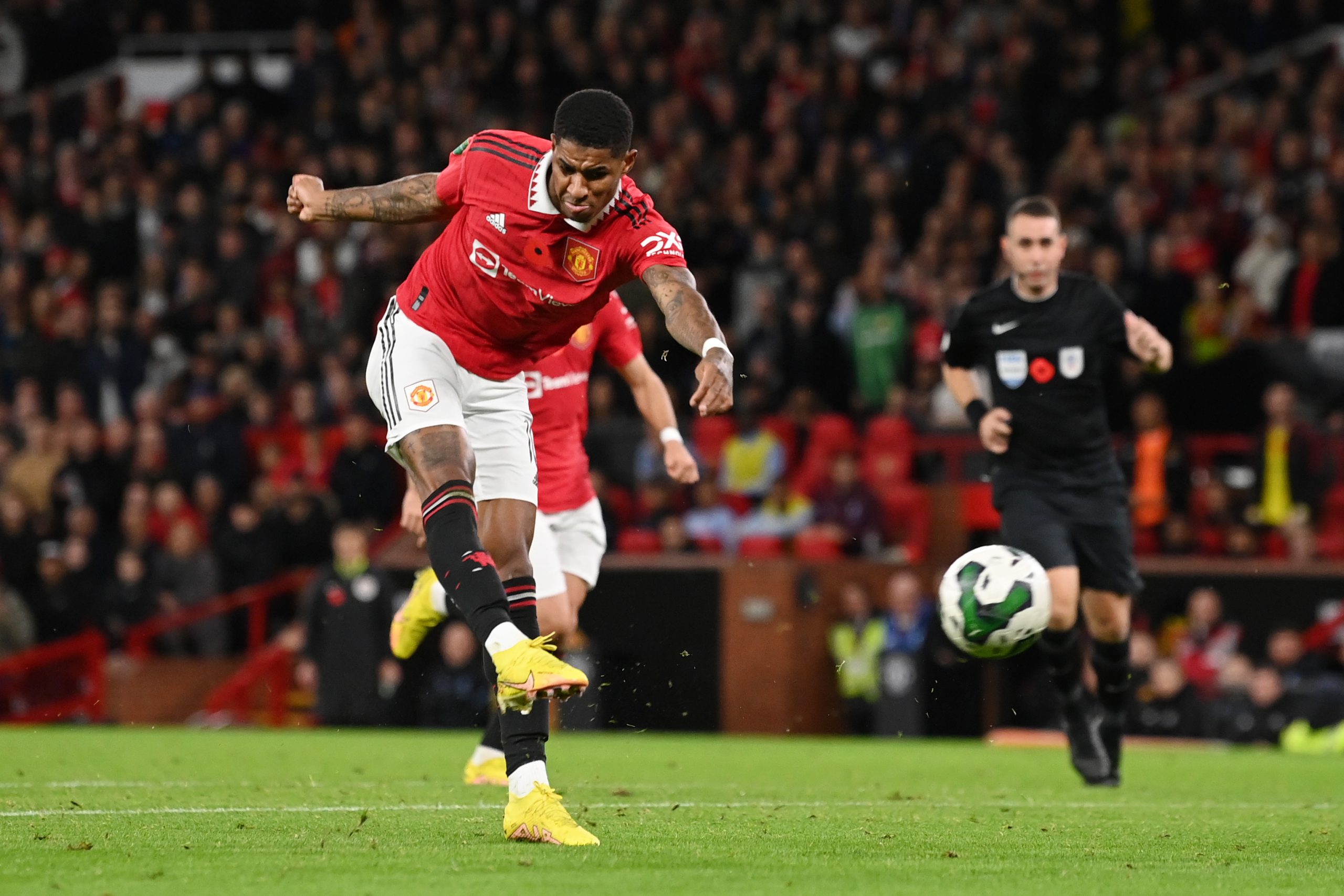 Marcus Rashford of Manchester United shoots and misses during the Carabao Cup Third Round match between Manchester United and Aston Villa at Old Trafford on November 10, 2022 in Manchester, England.