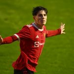 Alejandro Garnacho of Manchester United celebrates after scoring their team's first goal during the UEFA Youth League match between Manchester United and BSC Young Boys at Leigh Sports Village on December 08, 2021 in Leigh, England.