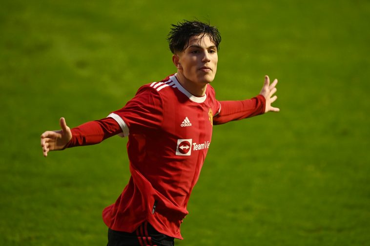 Alejandro Garnacho of Manchester United celebrates after scoring their team's first goal during the UEFA Youth League match between Manchester United and BSC Young Boys at Leigh Sports Village on December 08, 2021 in Leigh, England.