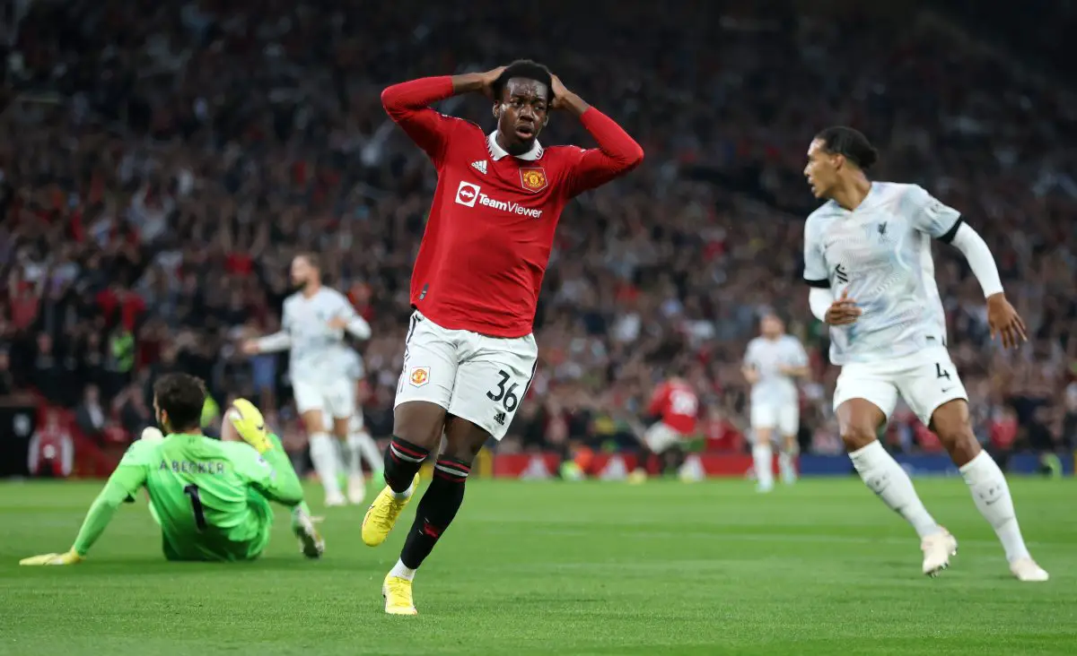 Anthony Elanga of Manchester United reacts after hitting the post during the Premier League match between Manchester United and Liverpool FC at Old Trafford on August 22, 2022 in Manchester, England.