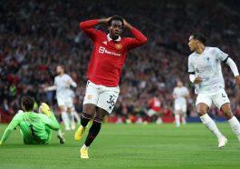 Anthony Elanga of Manchester United reacts after hitting the post during the Premier League match between Manchester United and Liverpool FC at Old Trafford on August 22, 2022 in Manchester, England.