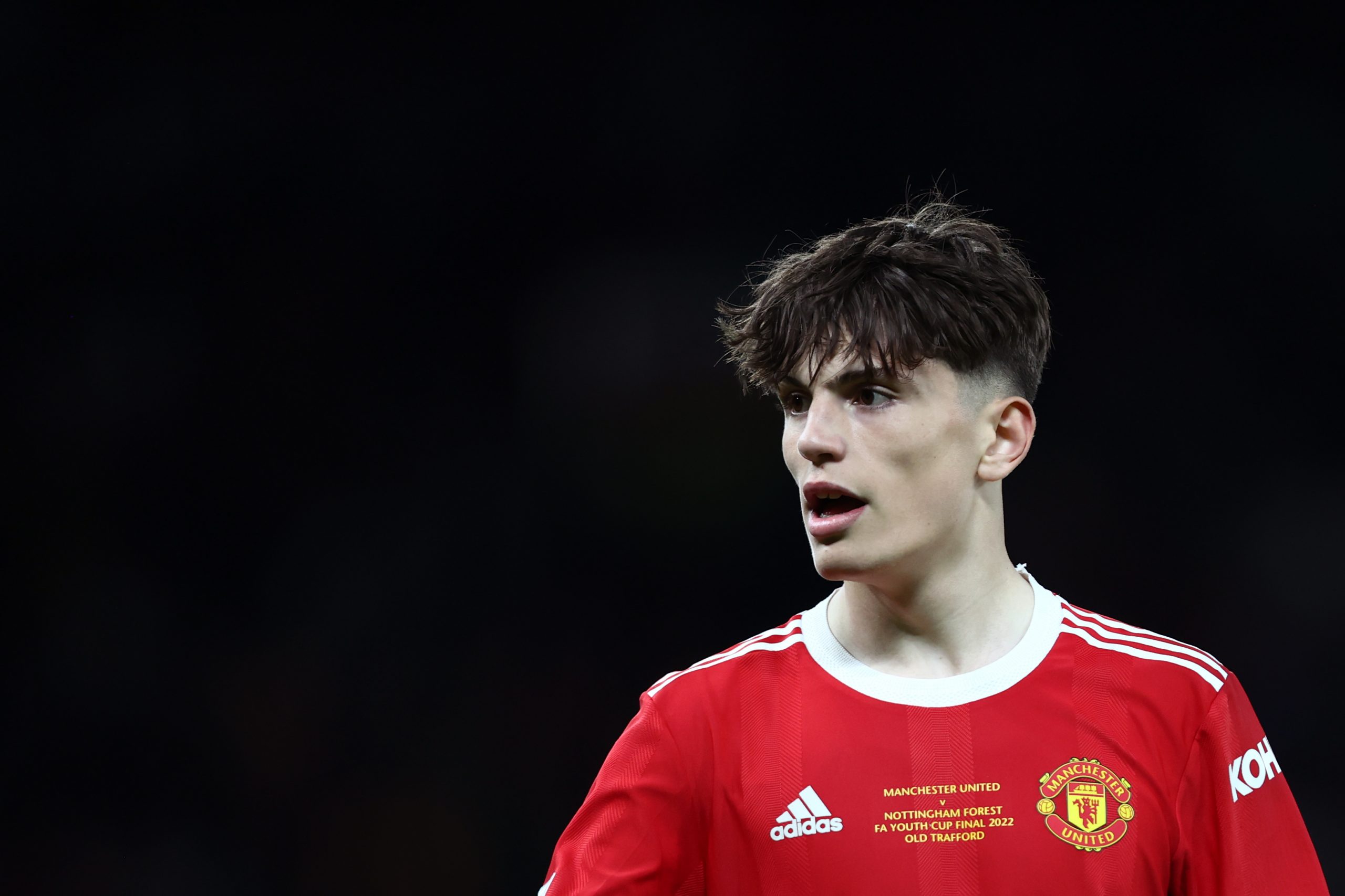 Alejandro Garnacho Ferreyra in action during the FA Youth Cup Final match between Manchester United and Nottingham Forest at Old Trafford on May 11, 2022 in Manchester, England.