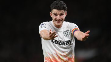 Declan Rice of West Ham gestures during the Premier League match between Manchester United and West Ham United at Old Trafford on October 30, 2022 in Manchester, England