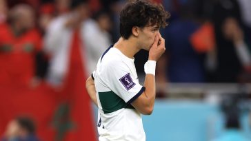 Joao Felix of Portugal looks dejected after their sides' elimination from the tournament during the FIFA World Cup Qatar 2022 quarter final match between Morocco and Portugal at Al Thumama Stadium on December 10, 2022 in Doha, Qatar.