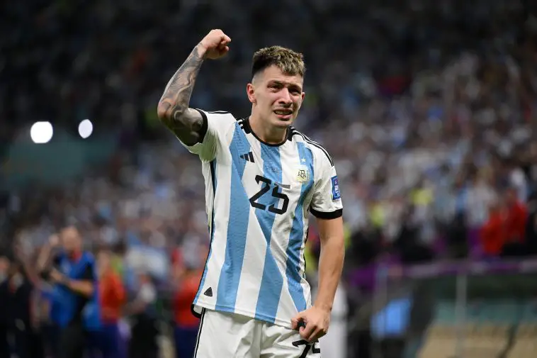 Lisandro Martinez of Argentina celebrates after the win in the penalty shootout during the FIFA World Cup Qatar 2022 quarter final match between Netherlands and Argentina at Lusail Stadium on December 09, 2022 in Lusail City, Qatar.