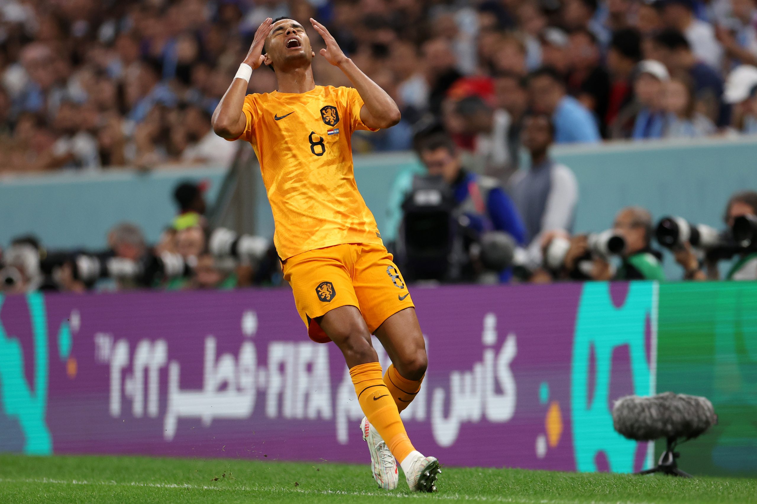 Cody Gakpo of Netherlands reacts during the FIFA World Cup Qatar 2022 quarter final match between Netherlands and Argentina at Lusail Stadium on December 09, 2022 in Lusail City, Qatar.