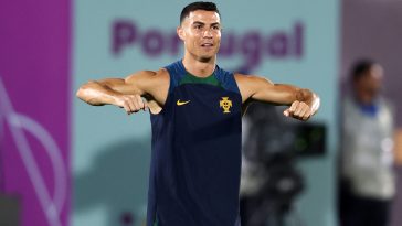 Cristiano Ronaldo of Portugal reacts during the Portugal Training Session at Grand Hamad Stadium on December 01, 2022 in Doha, Qatar.