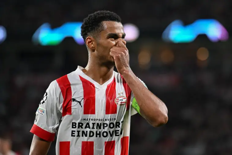 Cody Gakpo of PSV Eindhoven reacts during the UEFA Champions League Play-Off Second Leg match between PSV and Glasgow Rangers at Phillips Stadium on August 24, 2022 in Eindhoven, Netherlands.