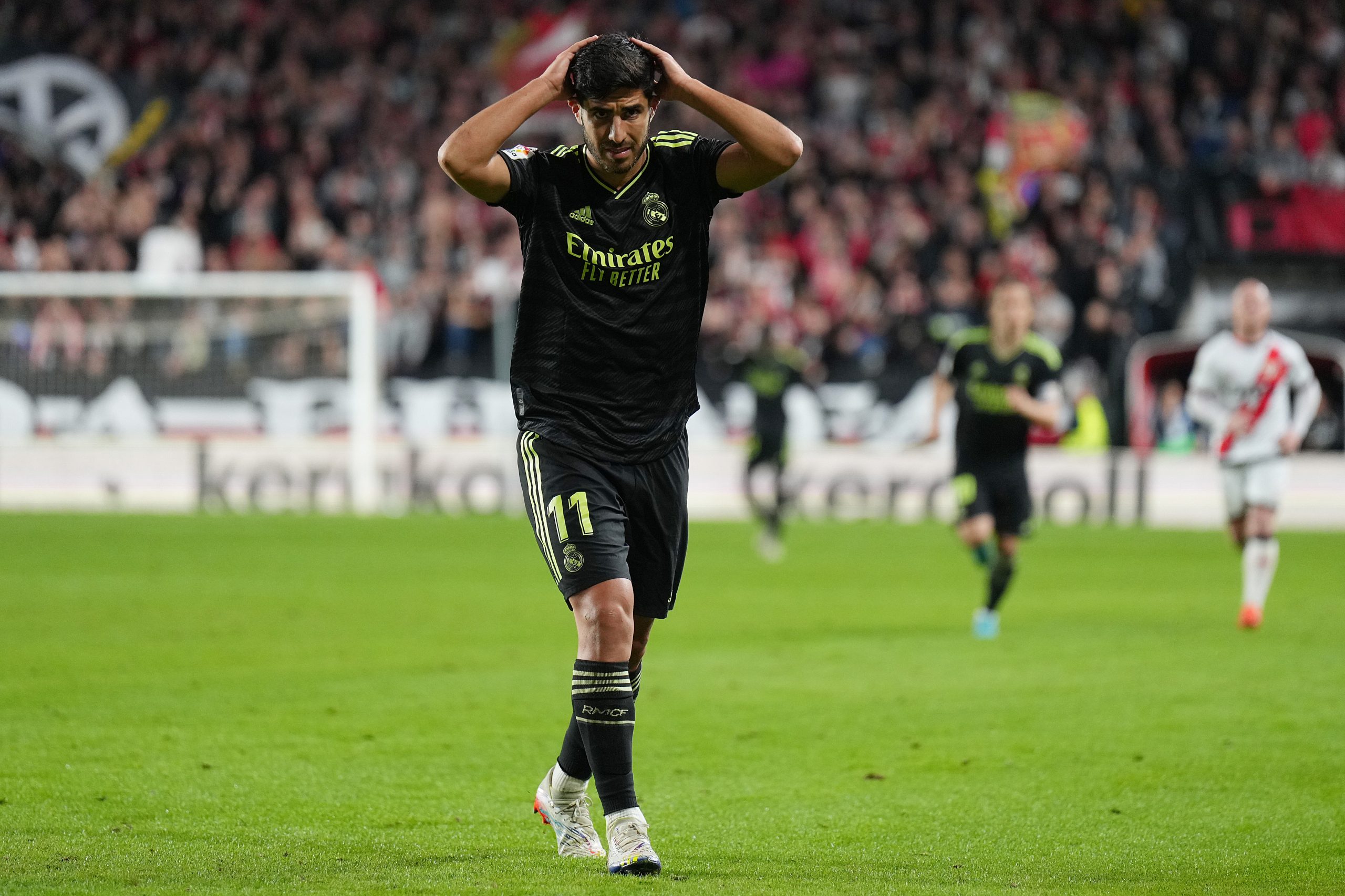 Marco Asensio of Real Madrid CF reacts during the LaLiga Santander match between Rayo Vallecano and Real Madrid CF at Campo de Futbol de Vallecas on November 07, 2022 in Madrid, Spain.