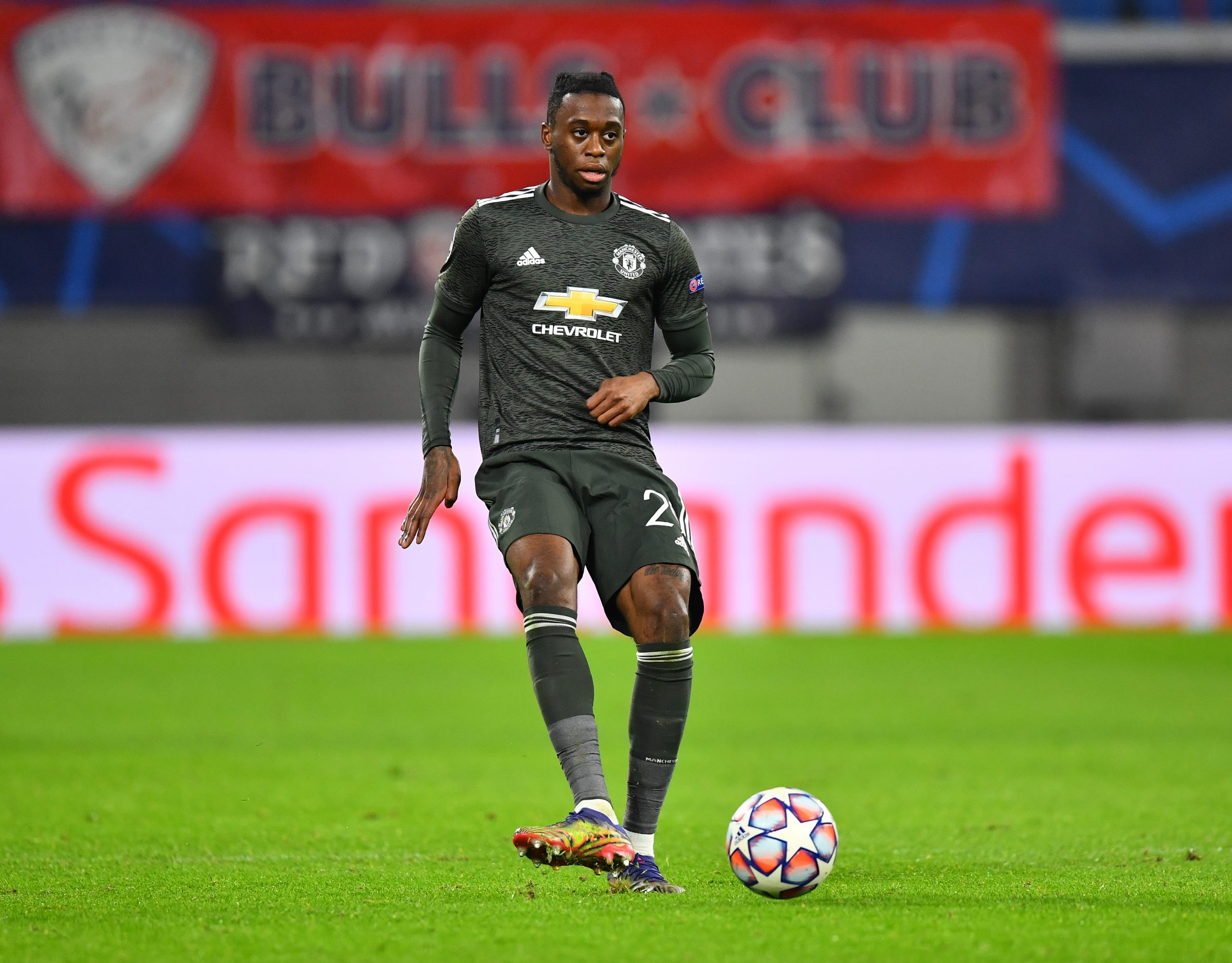 Aaron Wan-Bissaka of Manchester United in action during the UEFA Champions League Group H stage match between RB Leipzig and Manchester United at Red Bull Arena on December 08, 2020 in Leipzig, Germany.