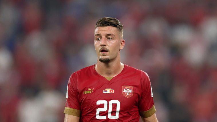 Sergej Milinkovic-savic of Serbia looks on during the FIFA World Cup Qatar 2022 Group G match between Serbia and Switzerland at Stadium 974 on December 02, 2022 in Doha, Qatar.