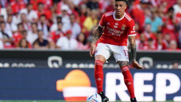 Enzo Fernandez of SL Benfica in action during the Eusebio Cup match between SL Benfica and Newcastle United at Estadio da Luz on July 26, 2022 in Lisbon, Portugal.