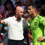 Manchester United's Dutch manager Erik ten Hag directs substitute Manchester United's Portuguese striker Cristiano Ronaldo during the English Premier League football match between Southampton and Manchester United at St Mary's Stadium in Southampton, southern England on August 27, 2022