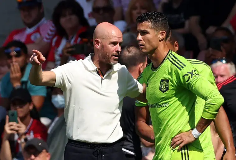 Manchester United's Dutch manager Erik ten Hag directs substitute Manchester United's Portuguese striker Cristiano Ronaldo during the English Premier League football match between Southampton and Manchester United at St Mary's Stadium in Southampton, southern England on August 27, 2022