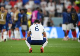 England's defender Harry Maguire reacts after France won the Qatar 2022 World Cup quarter-final football match between England and France at the Al-Bayt Stadium in Al Khor, north of Doha, on December 10, 2022