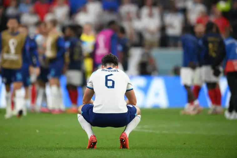 England's defender Harry Maguire reacts after France won the Qatar 2022 World Cup quarter-final football match between England and France at the Al-Bayt Stadium in Al Khor, north of Doha, on December 10, 2022