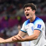 Harry Maguire of England reacts during the FIFA World Cup Qatar 2022 Group B match between Wales and England at Ahmad Bin Ali Stadium on November 29, 2022 in Doha, Qatar.
