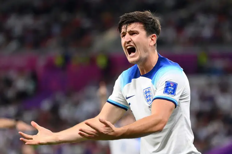 Harry Maguire of England reacts during the FIFA World Cup Qatar 2022 Group B match between Wales and England at Ahmad Bin Ali Stadium on November 29, 2022 in Doha, Qatar.