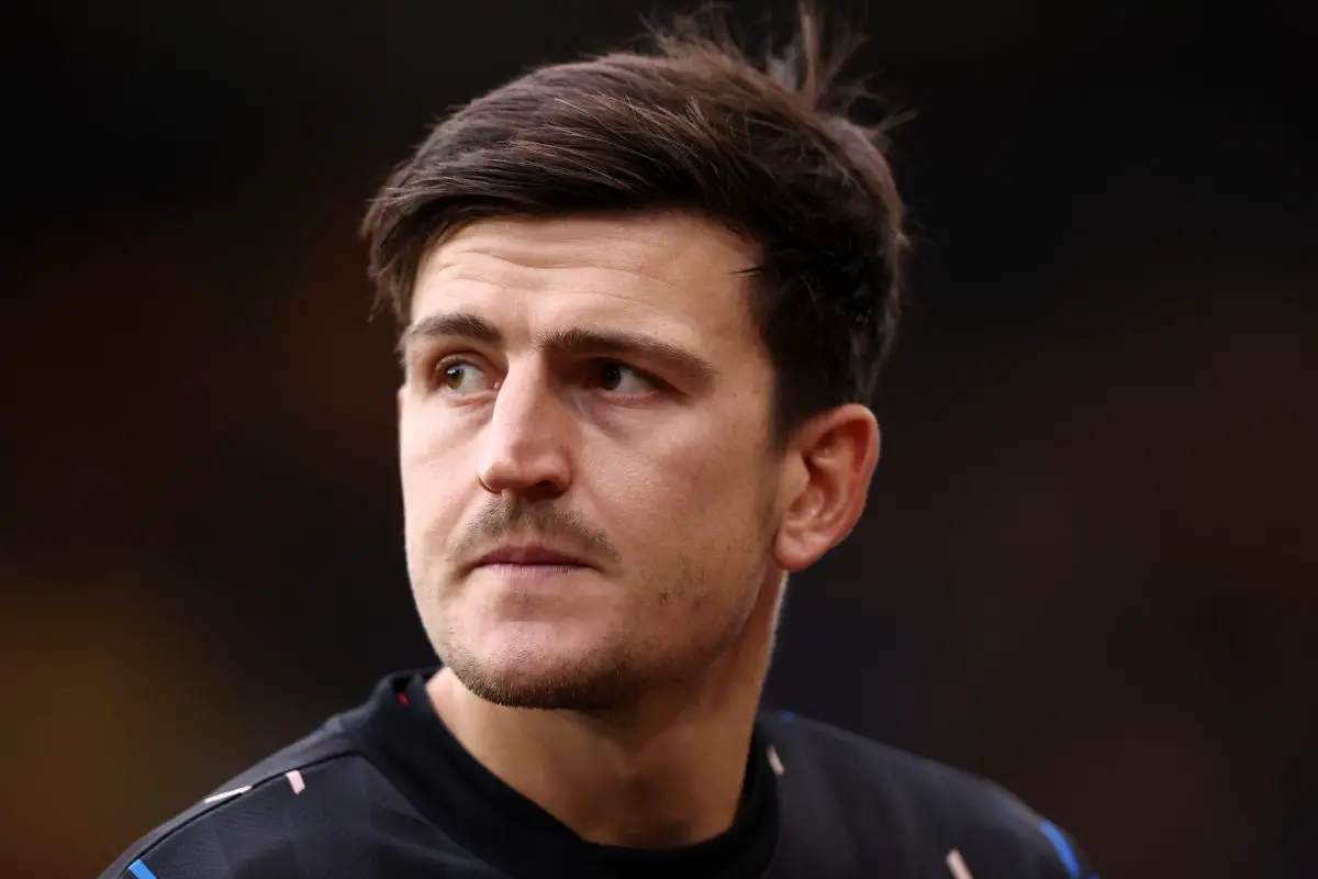 Harry Maguire of Manchester United looks on prior to the Premier League match between Wolverhampton Wanderers and Manchester United at Molineux on December 31, 2022 in Wolverhampton, England.