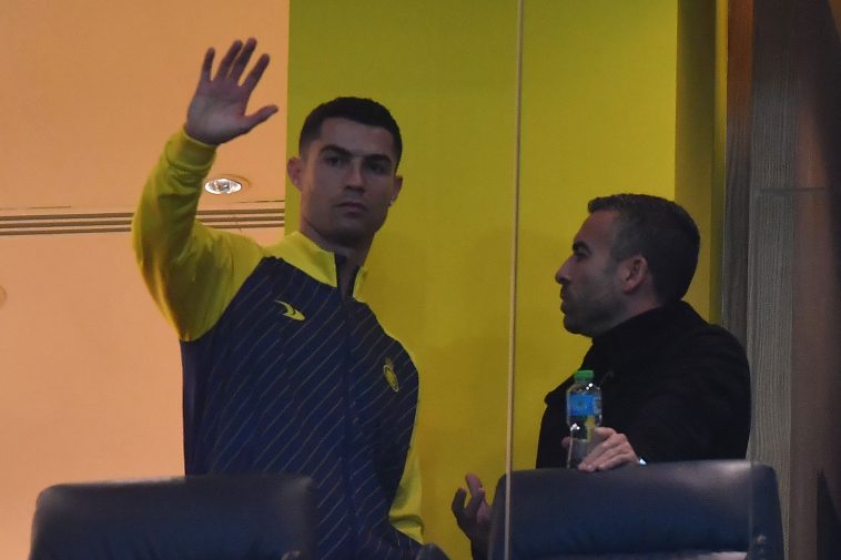 Cristiano Ronaldo in the stands at Al-Nassr's game. (Photo by -/AFP via Getty Images)