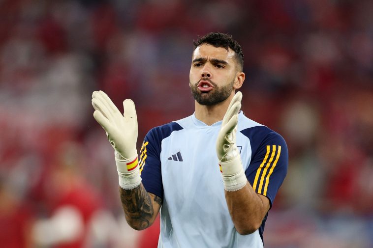 David Raya of Spain warms up before a World Cup game. (Photo by Elsa/Getty Images)