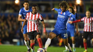 Dion Sanderson of Birmingham City is challenges Amad Diallo of Sunderland during the Sky Bet Championship between Birmingham City and Sunderland at St Andrews (stadium) on November 11, 2022 in Birmingham, England.