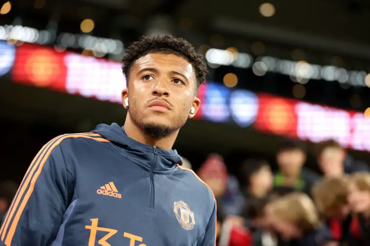 Manchester United Jadon Sancho comes out to warm up ahead of an exhibition football match against Melbourne Victory at the Melbourne Cricket Ground on July 15, 2022, in Melbourne
