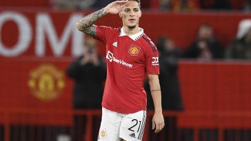 Manchester United's Brazilian midfielder Antony celebrates after scoring the opening goal of the English League Cup quarter final football match between Manchester United and Charlton Athletic, at Old Trafford, in Manchester, north-west England on January 10, 2023