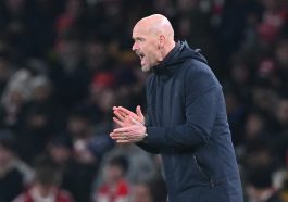 Manchester United's Dutch manager Erik ten Hag gestures on the touchline during the English Premier League football match between Arsenal and Manchester United at the Emirates Stadium in London on January 22, 2023. - - RESTRICTED TO EDITORIAL USE. No use with unauthorized audio, video, data, fixture lists, club/league logos or 'live' services. Online in-match use limited to 120 images. An additional 40 images may be used in extra time. No video emulation. Social media in-match use limited to 120 images. An additional 40 images may be used in extra time. No use in betting publications, games or single club/league/player publications.