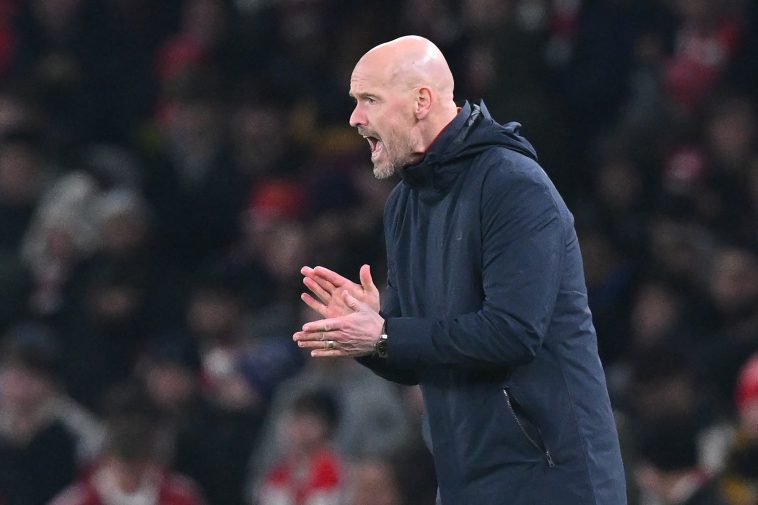 Manchester United's Dutch manager Erik ten Hag gestures on the touchline during the English Premier League football match between Arsenal and Manchester United at the Emirates Stadium in London on January 22, 2023. - - RESTRICTED TO EDITORIAL USE. No use with unauthorized audio, video, data, fixture lists, club/league logos or 'live' services. Online in-match use limited to 120 images. An additional 40 images may be used in extra time. No video emulation. Social media in-match use limited to 120 images. An additional 40 images may be used in extra time. No use in betting publications, games or single club/league/player publications.