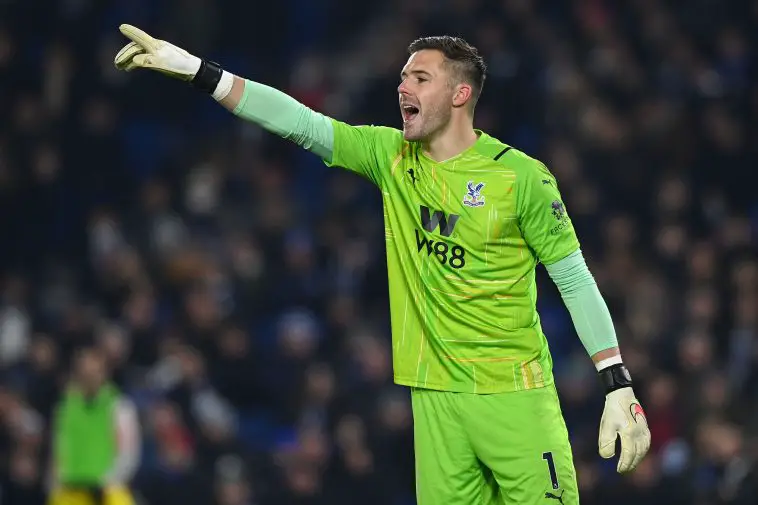 Crystal Palace's English goalkeeper Jack Butland gestures during the English Premier League football match between Brighton and Hove Albion and Crystal Palace at the American Express Community Stadium in Brighton, southern England on January 14,
