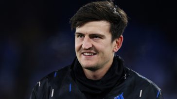 Manchester United's English defender Harry Maguire reacts as he warms up prior to the English Premier League football match between Crystal Palace and Manchester United at Selhurst Park in south London on January 18, 2023