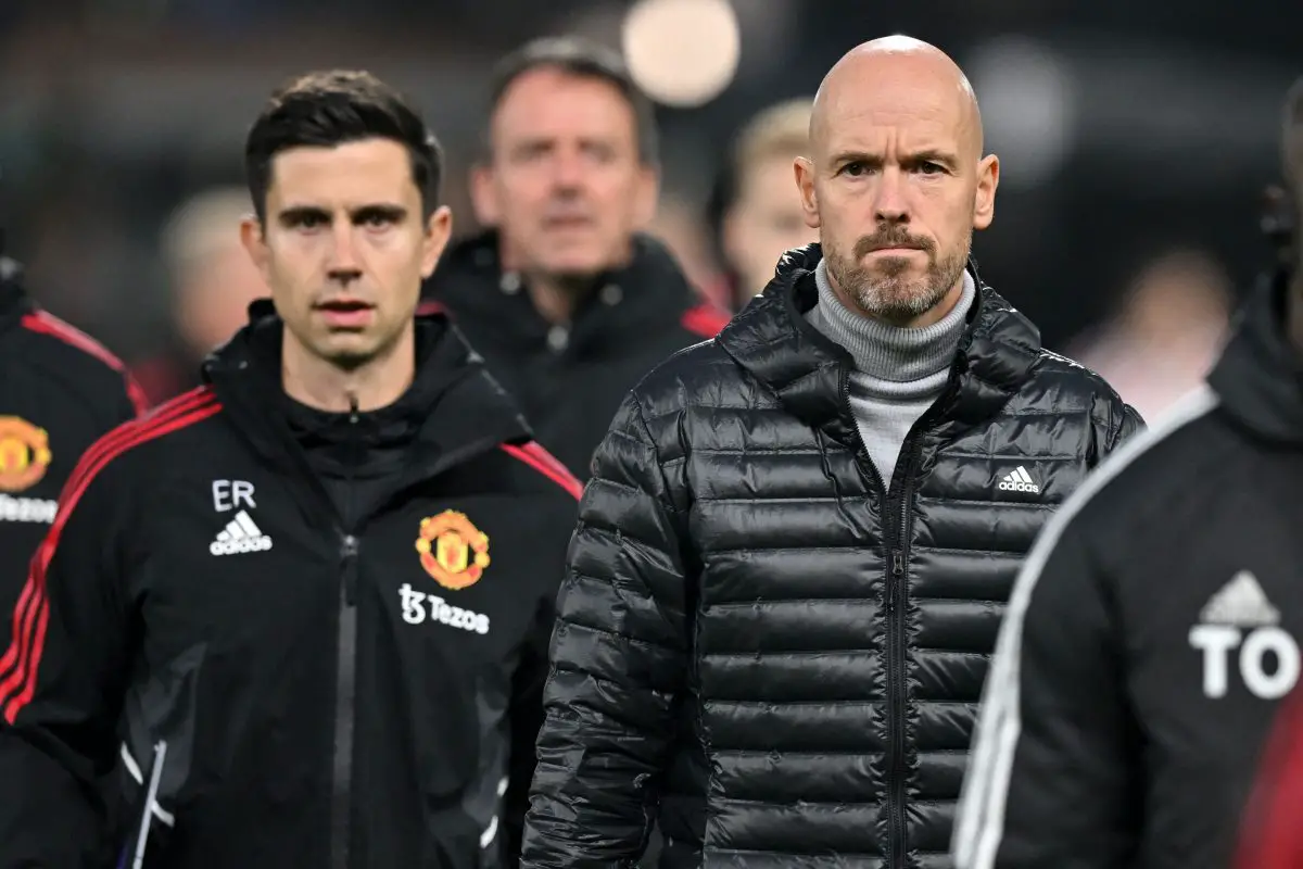 Manchester United's Dutch manager Erik ten Hag (R) arrives for the English Premier League football match between Fulham and Manchester United at Craven Cottage in London on November 13, 2022