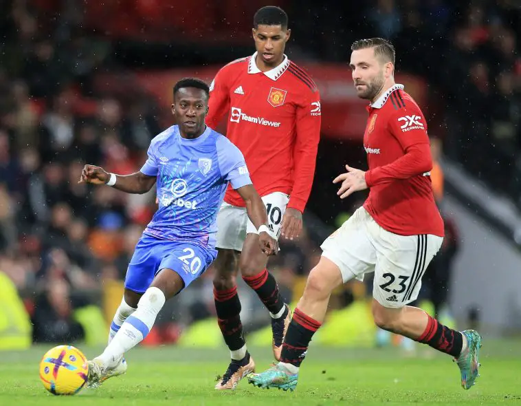 Manchester United's English striker Marcus Rashford (C) and Manchester United's English defender Luke Shaw (R) vie with Bournemouth's Scottish Ivorian born midfielder Siriki Dembele during the English Premier League football match between Manchester United and Bournemouth at Old Trafford in Manchester, north west England, on January 3, 2023.