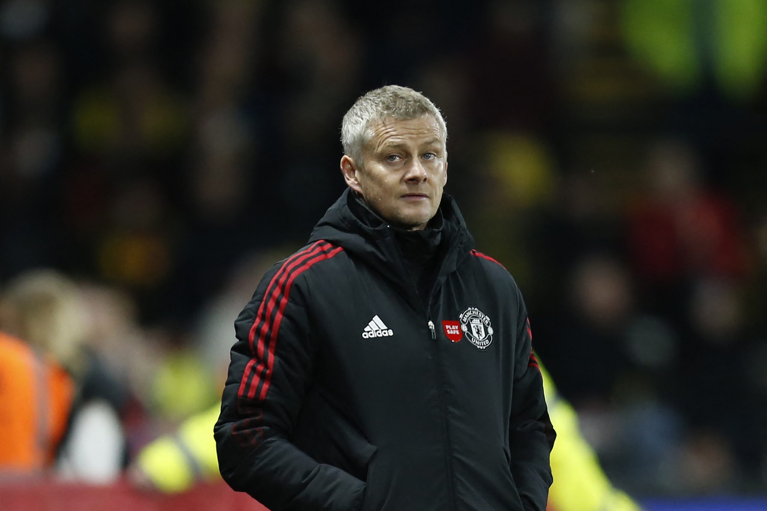 Manchester United's Norwegian manager Ole Gunnar Solskjaer reacts during the English Premier League football match between Watford and Manchester United at Vicarage Road Stadium in Watford, southeast England, on November 20, 2021.