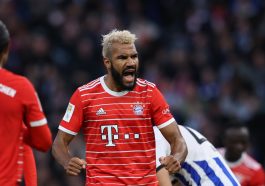 Bayern Munich's Cameroonian forward Eric Maxim Choupo-Moting celebrates scoring his team's second goal (0-2) during the German first division Bundesliga football match between Hertha Berlin and FC Bayern Munich in Berlin on November 5, 2022