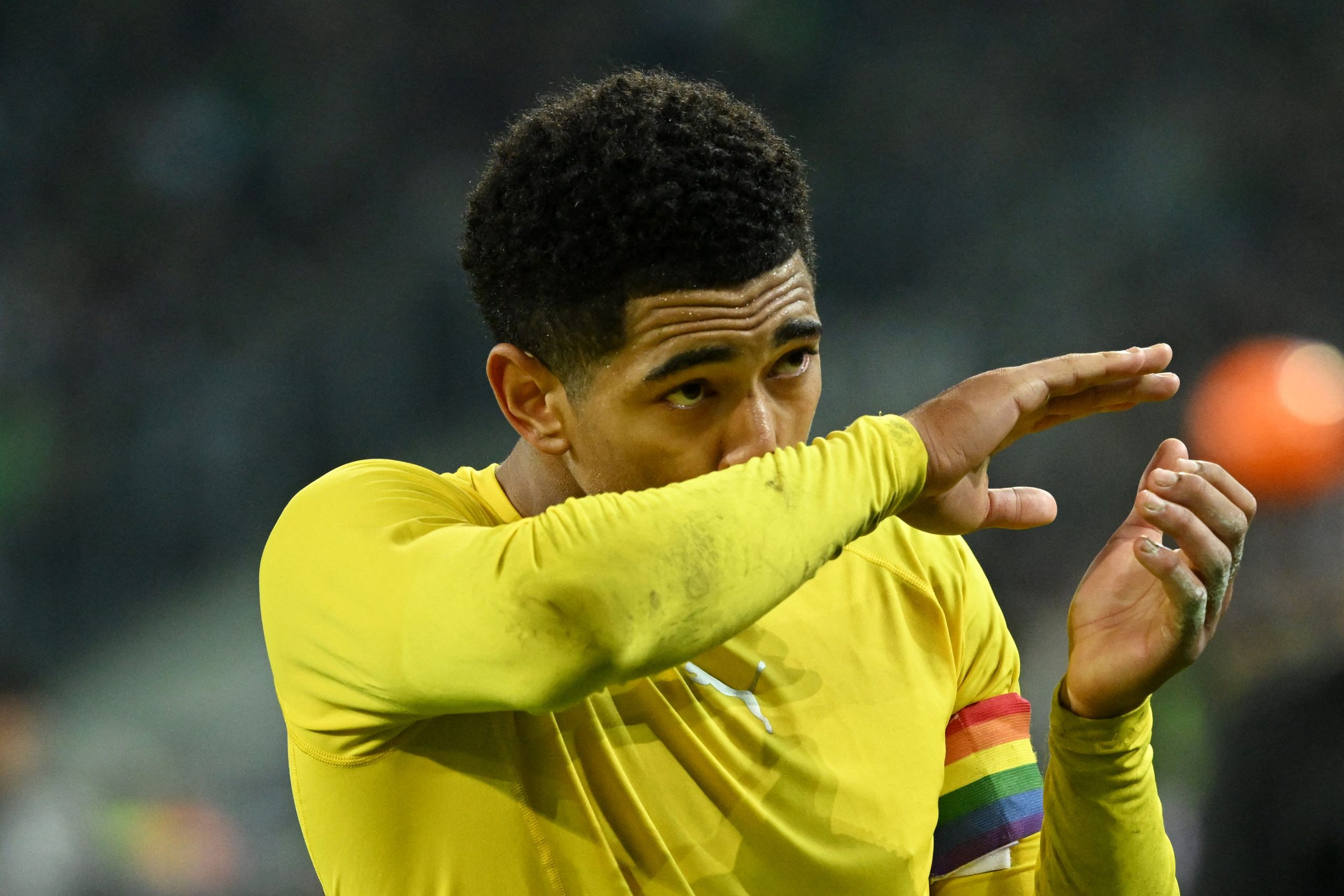 Dortmund's English midfielder Jude Bellingham reacts after the German first division Bundesliga football match between Borussia Moenchengladbach v Borussia Dortmund in Moenchengladbach, western Germany, on November 11, 2022.