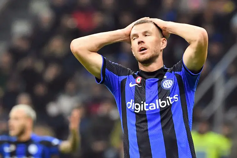 Inter Milan's Bosnian forward Edin Dzeko reacts after missing a goal opportunity during the Italian Serie A football match between Inter Milan and Napoli at Giuseppe Meazza stadium in Milan, on January 4, 2023