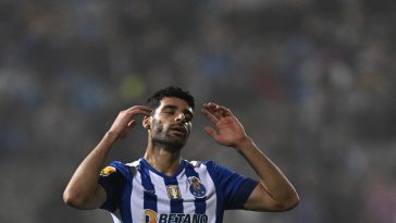 FC Porto's Iranian forward Mehdi Taremi reacts during the Portuguese League football match between Casa Pia AC and FC Porto at the Nacional do Jamor stadium in Oeiras on January 7, 2023