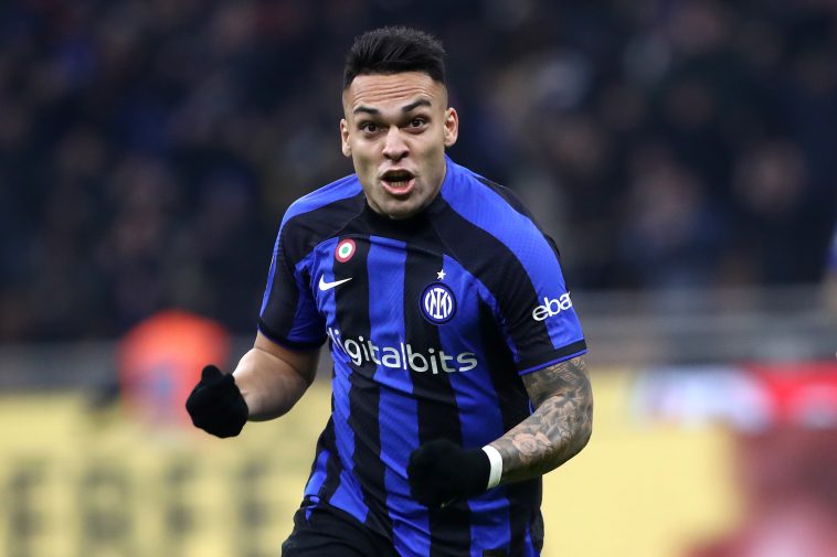 Lautaro Martinez of FC Internazionale celebrates after scoring the team's first goal during the Serie A match between FC Internazionale and Hellas Verona at Stadio Giuseppe Meazza on January 14, 2023 in Milan, Italy