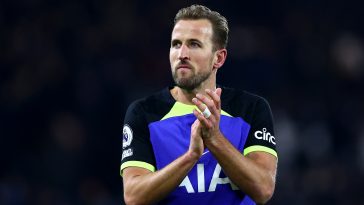 Harry Kane of Tottenham Hotspur applauds the fans after the team's victory during the Premier League match between Fulham FC and Tottenham Hotspur at Craven Cottage on January 23, 2023 in London, England