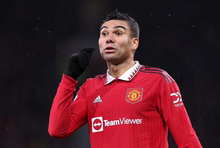 Casemiro of Manchester United during the Premier League match between Manchester United and AFC Bournemouth at Old Trafford on January 03, 2023 in Manchester, England.
