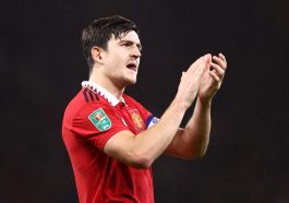 Harry Maguire of Manchester United applauds the fans following their side's victory in the Carabao Cup Quarter Final match between Manchester United and Charlton Athletic at Old Trafford on January 10, 2023 in Manchester, England