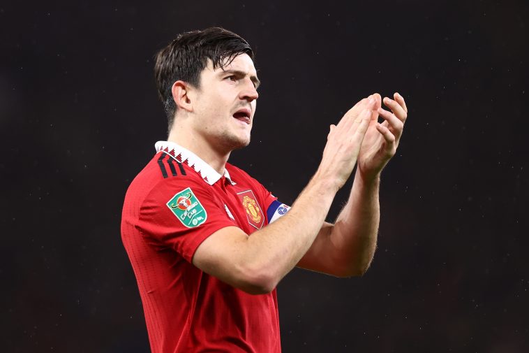 Harry Maguire of Manchester United applauds the fans following their side's victory in the Carabao Cup Quarter Final match between Manchester United and Charlton Athletic at Old Trafford on January 10, 2023 in Manchester, England